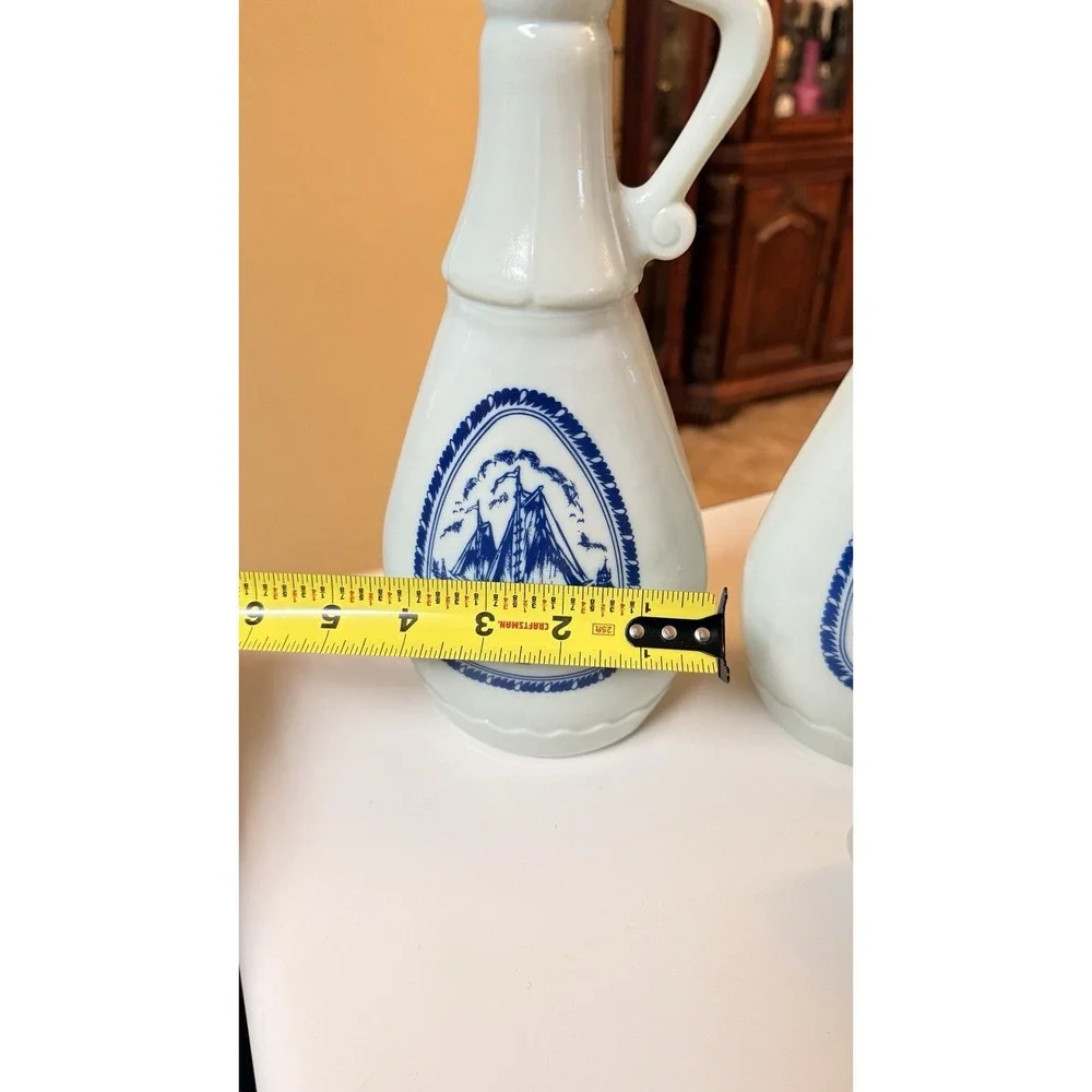 1963 Jim Beam Milk Glass Decanter Set Delft Blue‎ Sailing Ship Bottle Pair Vtg